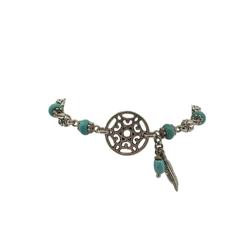 Blue Turquoise Beads Dreamcatcher Dragonfly Charm Station Link Bracelet Vintage